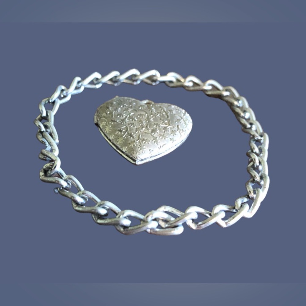 Vintage Silver Filigree Heart and Chain Bracelet Set
